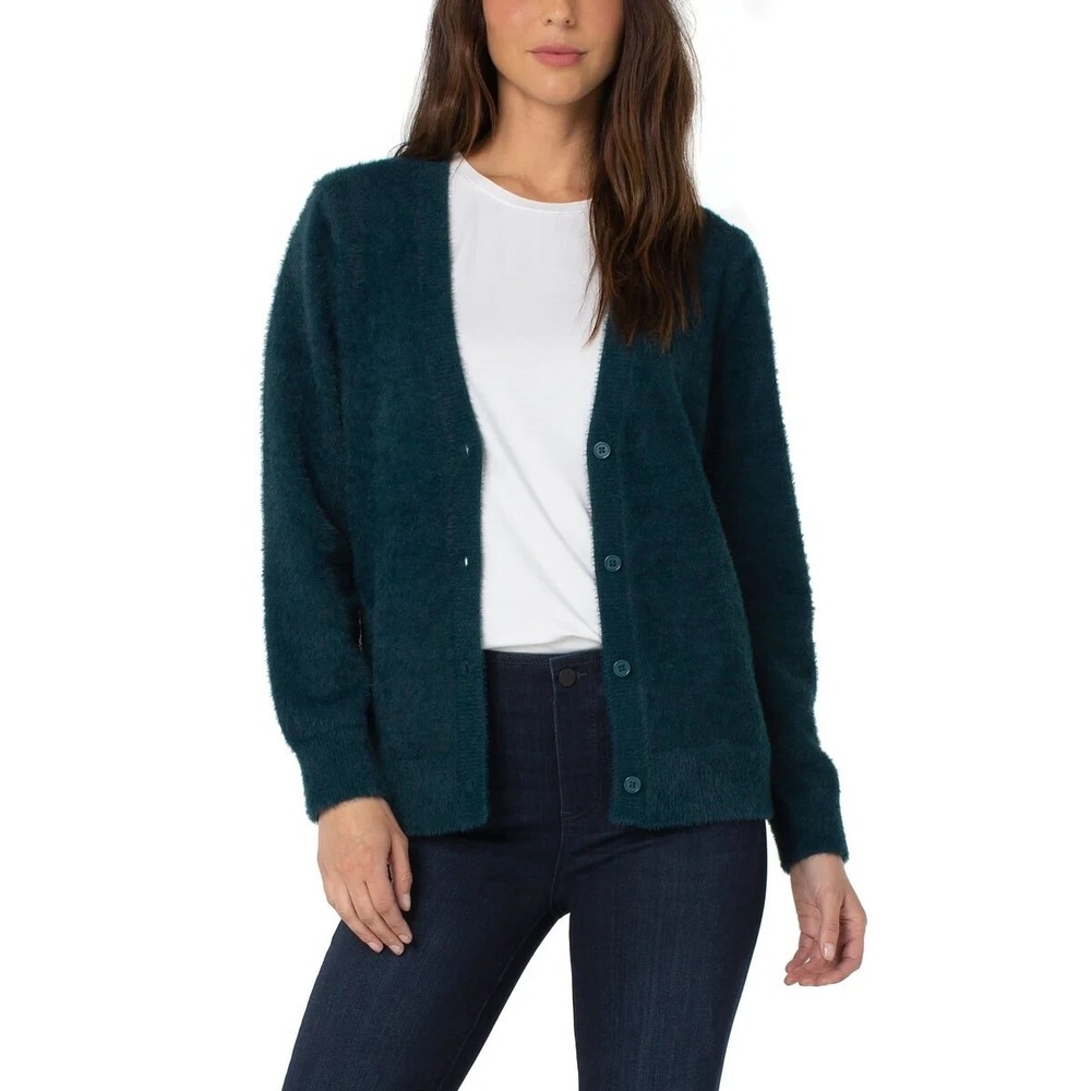 LIVERPOOL LA Women Fuzzy Long Sleeve Button Front Sweater Sz S Dark Teal Soft